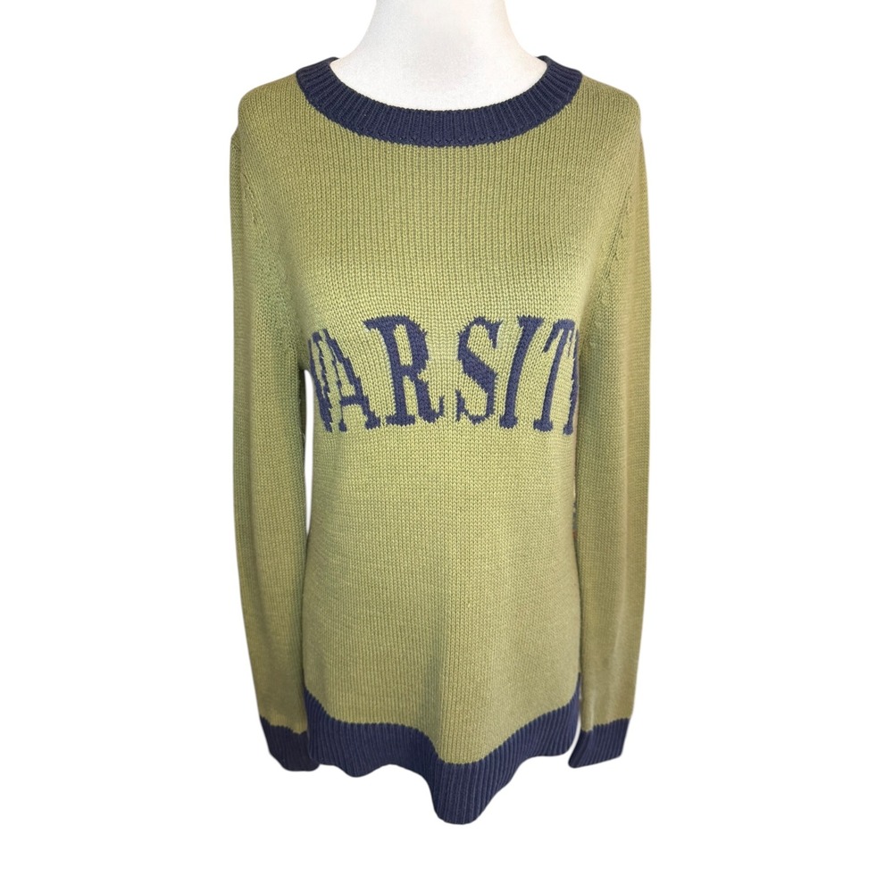 Sail to Sable Womens Varsity Knit Sweater Olive Green Navy‎ Blue Crew Neck Small